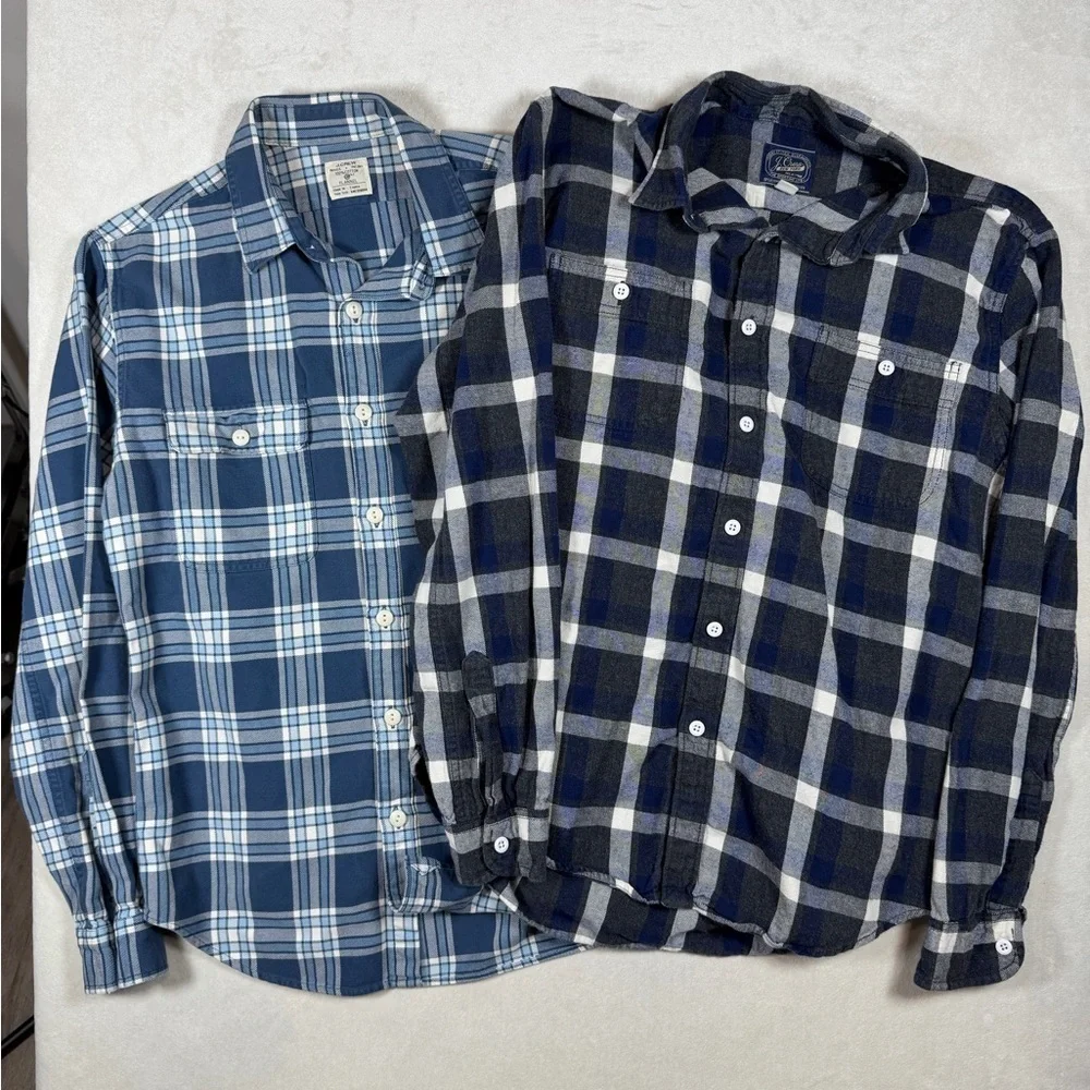 Lot of 2 J. Crew Medium Blue and Black Plaid Flannel Casual Shirts
